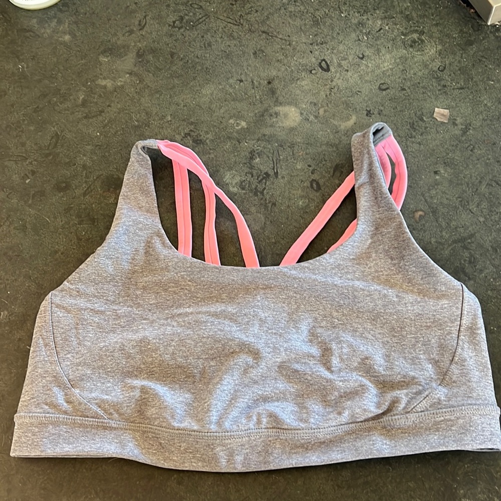 Lulu Lemon Athletica sports Bra- Sz 12 Grey with Pink strappy back & mesh accent